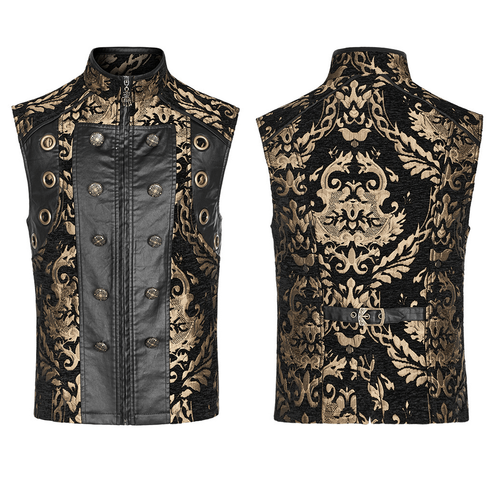 Victorian Gothic brocade waistcoat with ornate black and gold design, featuring rubberized detailing and lace accents.