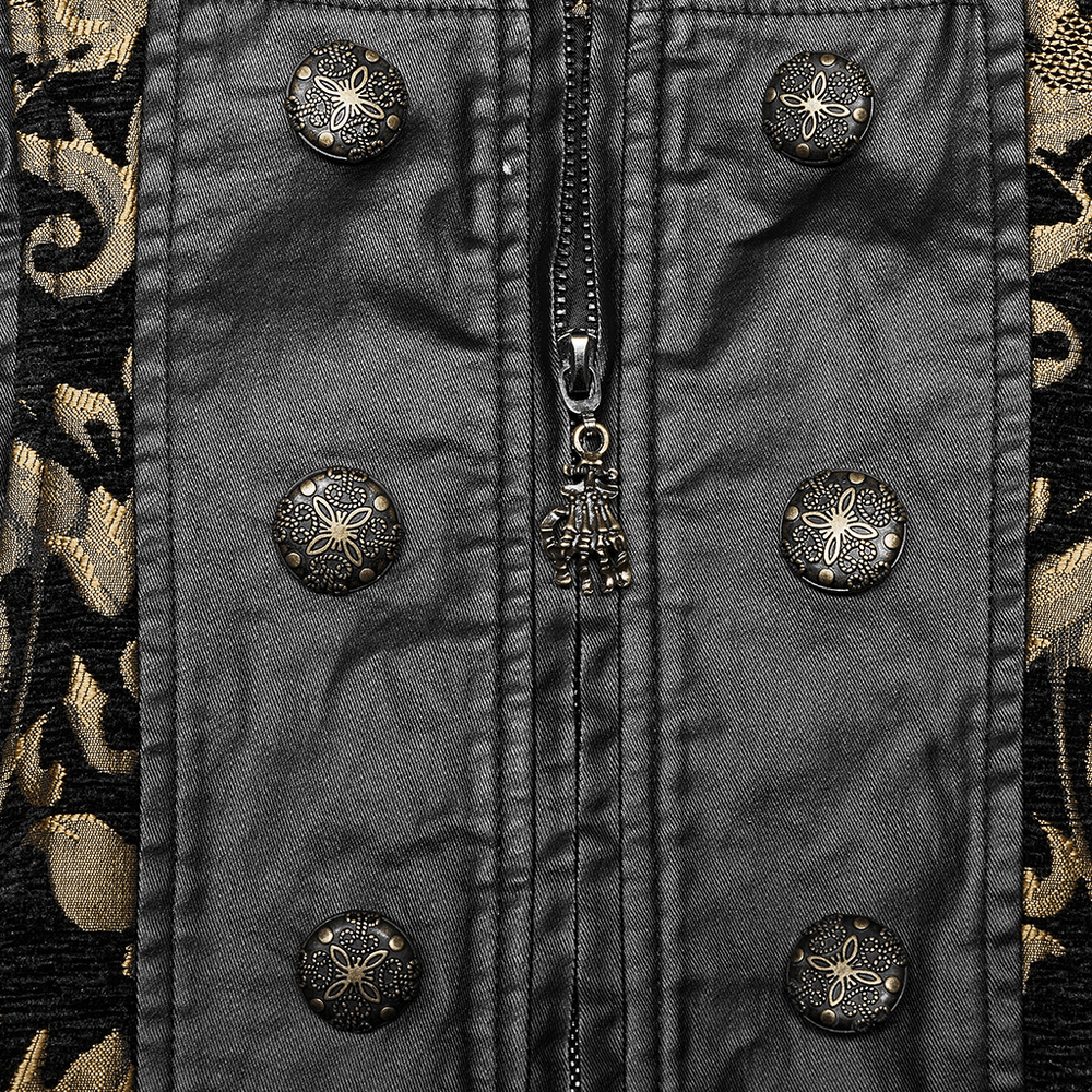 Close-up of the ornate buttons and zipper detail on a Victorian Gothic brocade waistcoat.