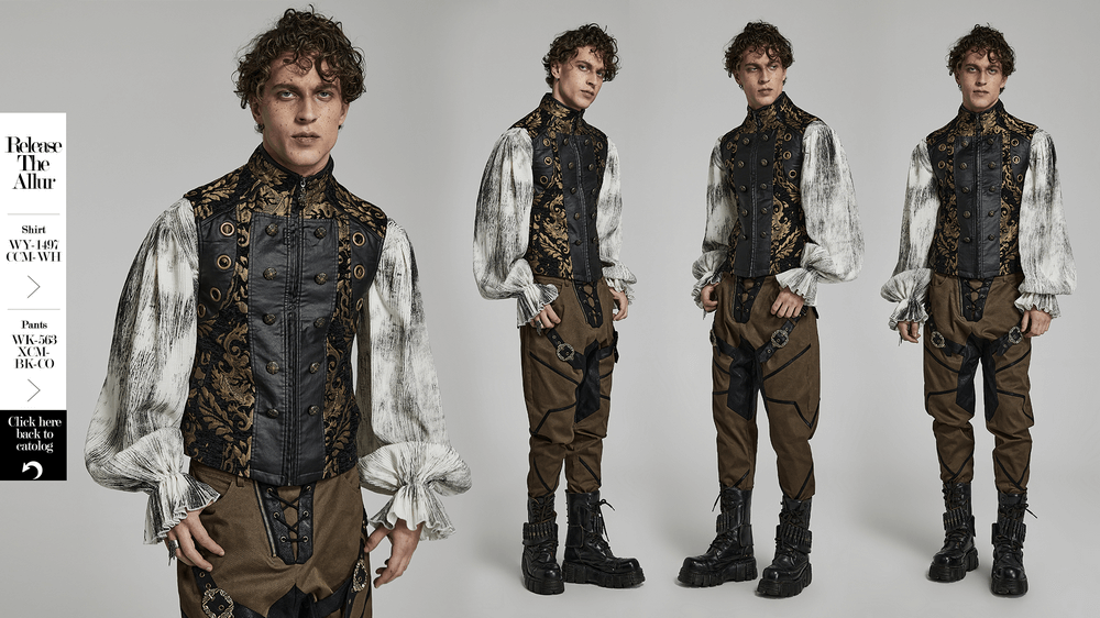 Men's Gothic ornate waistcoat with regal brocade design, featuring a stand-up collar and unique lace detailing.
