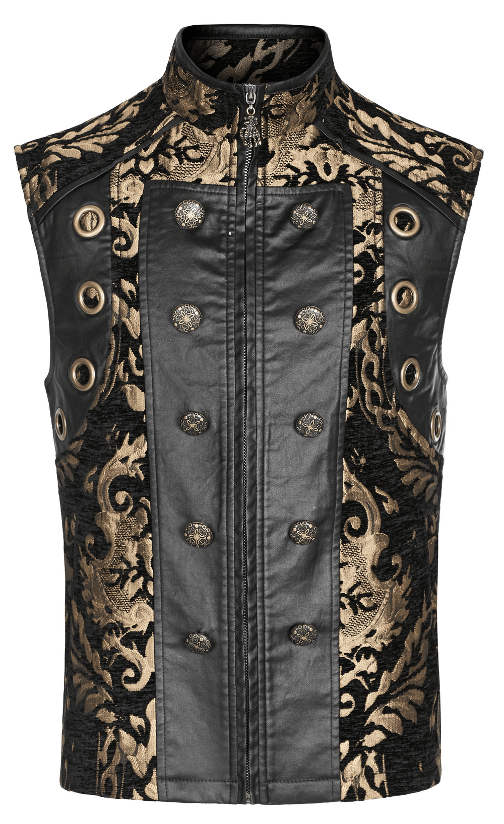 Victorian Gothic Brocade Waistcoat for men, featuring ornate jacquard fabric, rubberized detailing, and stylish silhouette.