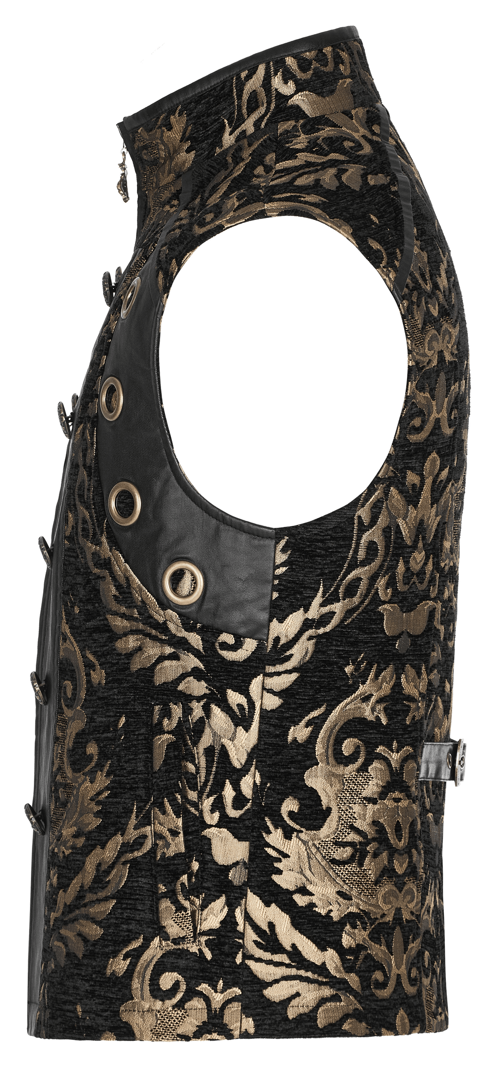 Victorian Gothic brocade waistcoat in black and gold, showcasing ornate design and rubberized detailing.