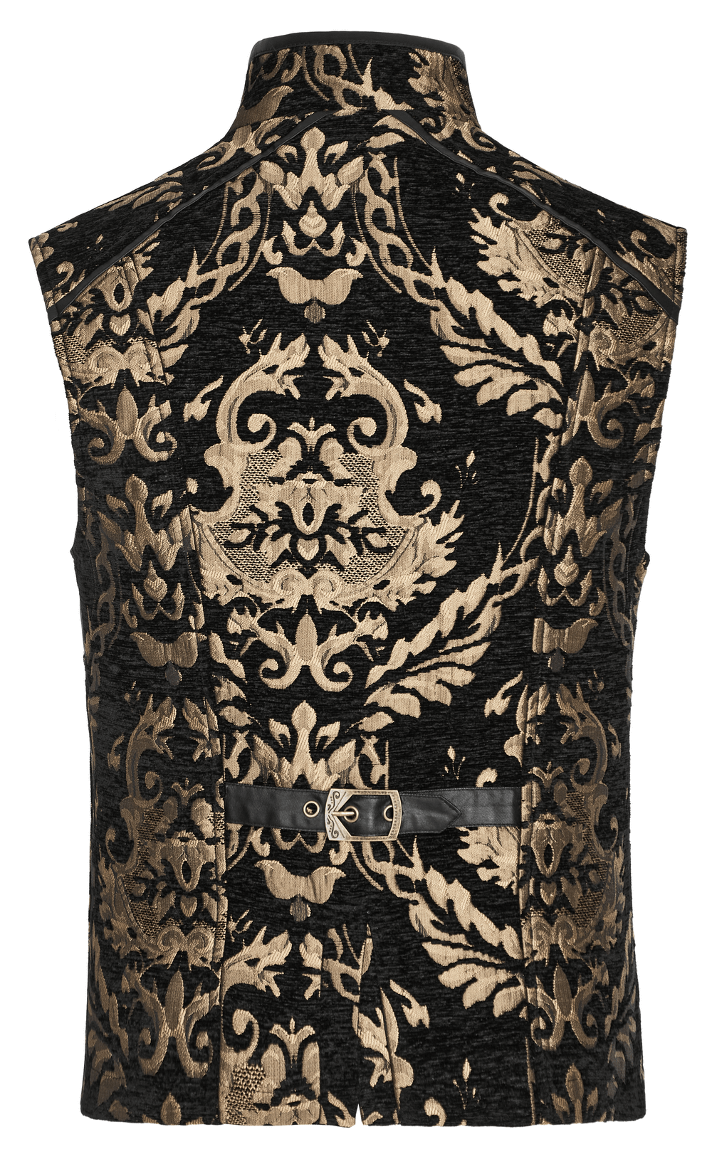 Back view of a Victorian Gothic waistcoat featuring ornate brocade design and a stylish stand-up collar.