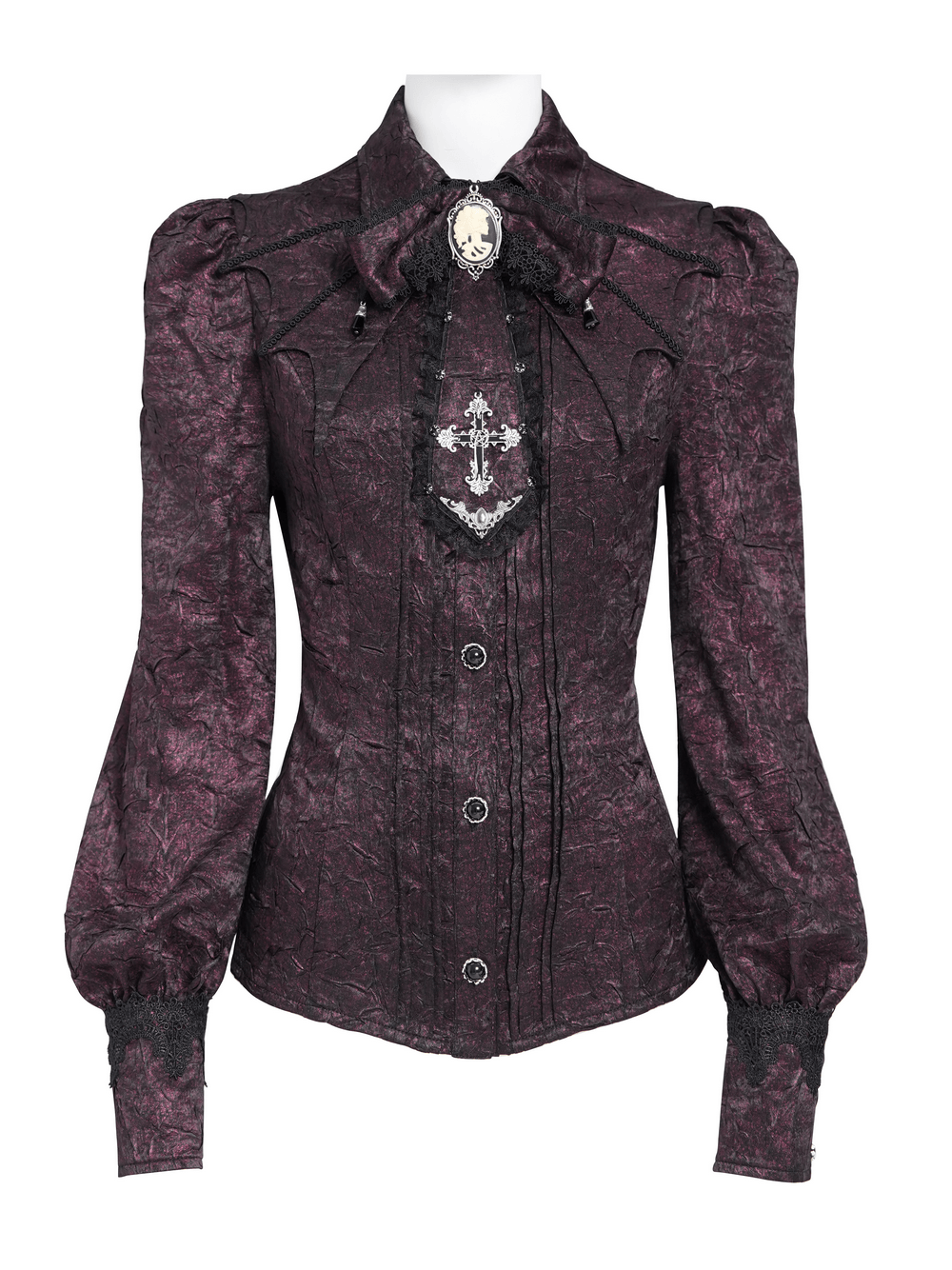 Victorian Gothic Burgundy Blouse with Cameo Brooch, dark romantic shirt with bishop sleeves and ornate cross detail