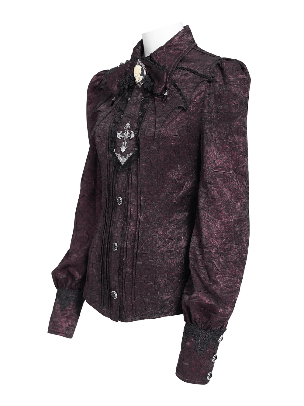 Victorian Gothic Burgundy Blouse with Cameo Brooch, dark romantic shirt with bishop sleeves and ornate cross detail