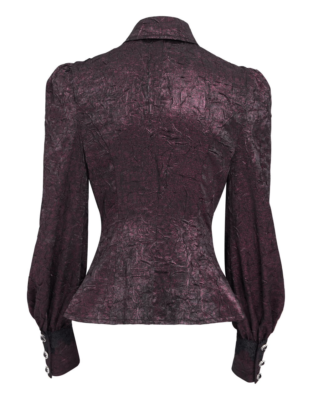 Victorian Gothic Burgundy Blouse with Cameo Brooch, dark romantic back view with bishop sleeves and textured fabric