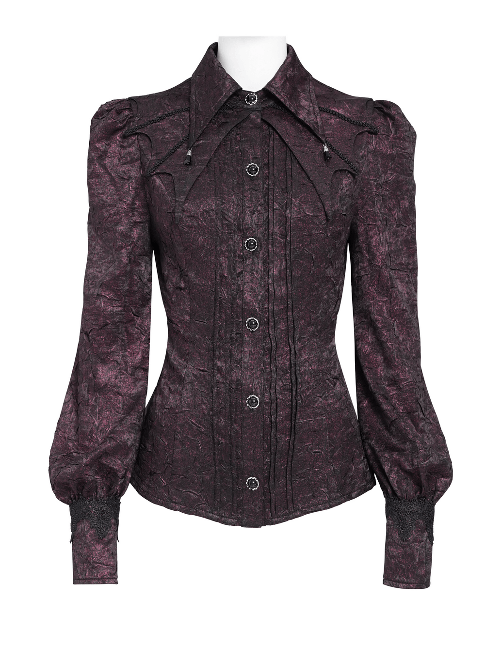 Victorian Gothic Burgundy Blouse with Cameo Brooch, dark romantic blouse with bishop sleeves and ornate button front