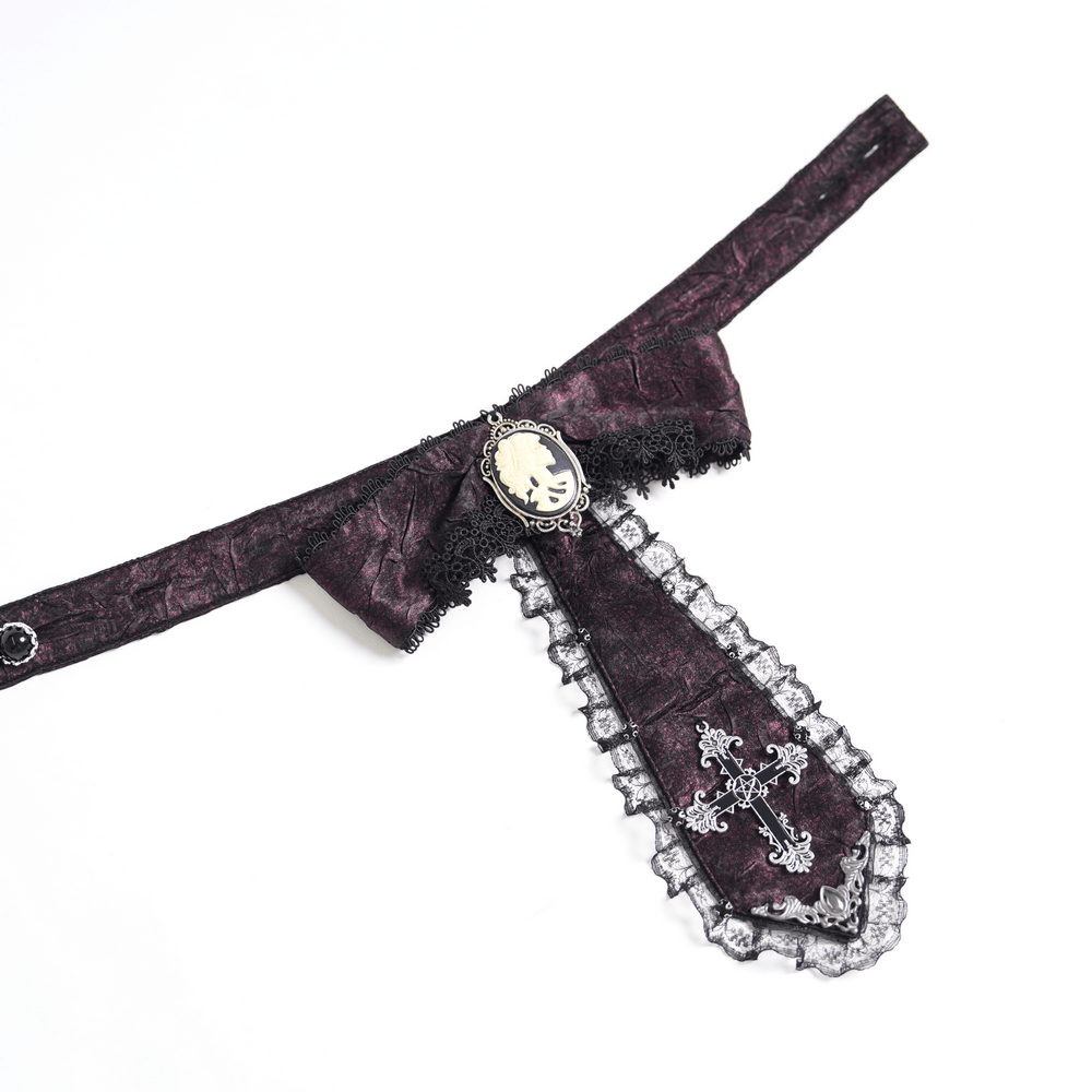 Victorian Gothic Burgundy Blouse with Cameo Brooch, dark romantic blouse with bishop sleeves, lace trim and ornate cross