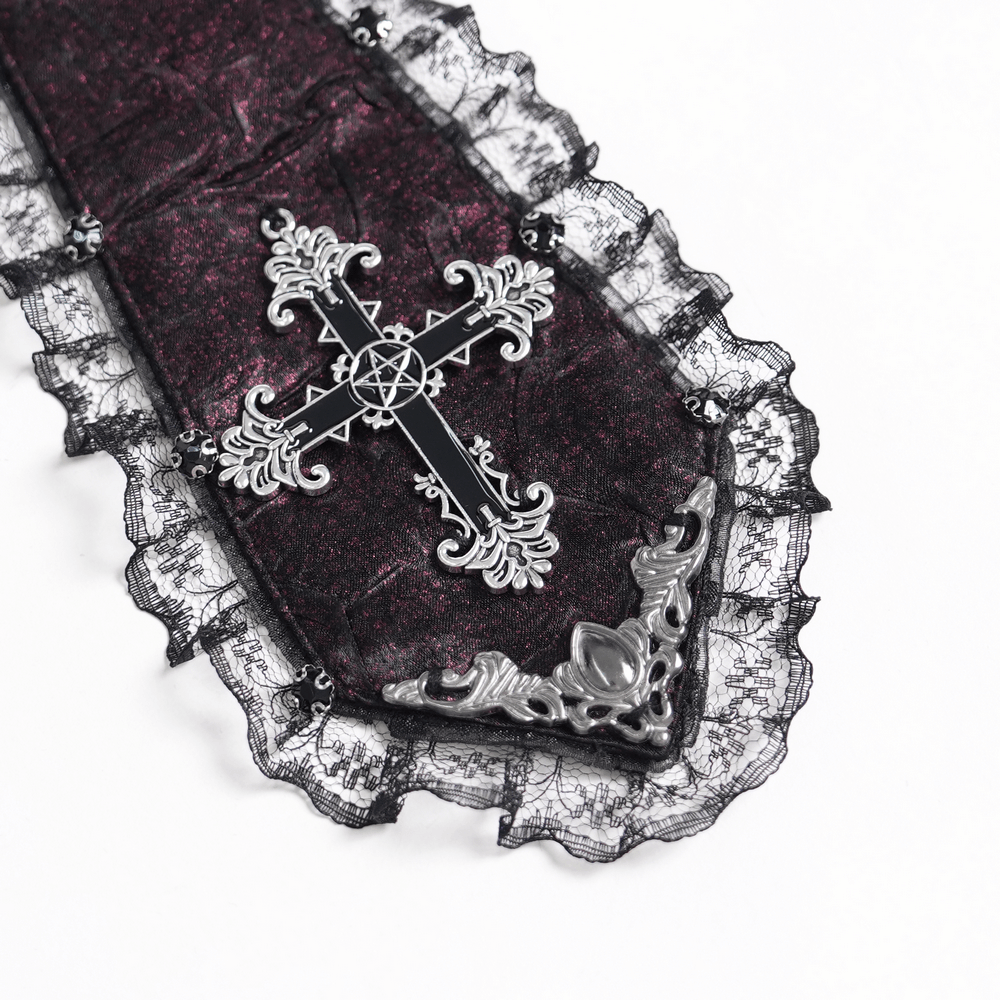 Victorian Gothic Burgundy Blouse with Cameo Brooch, black lace trim and ornate silver cross detail