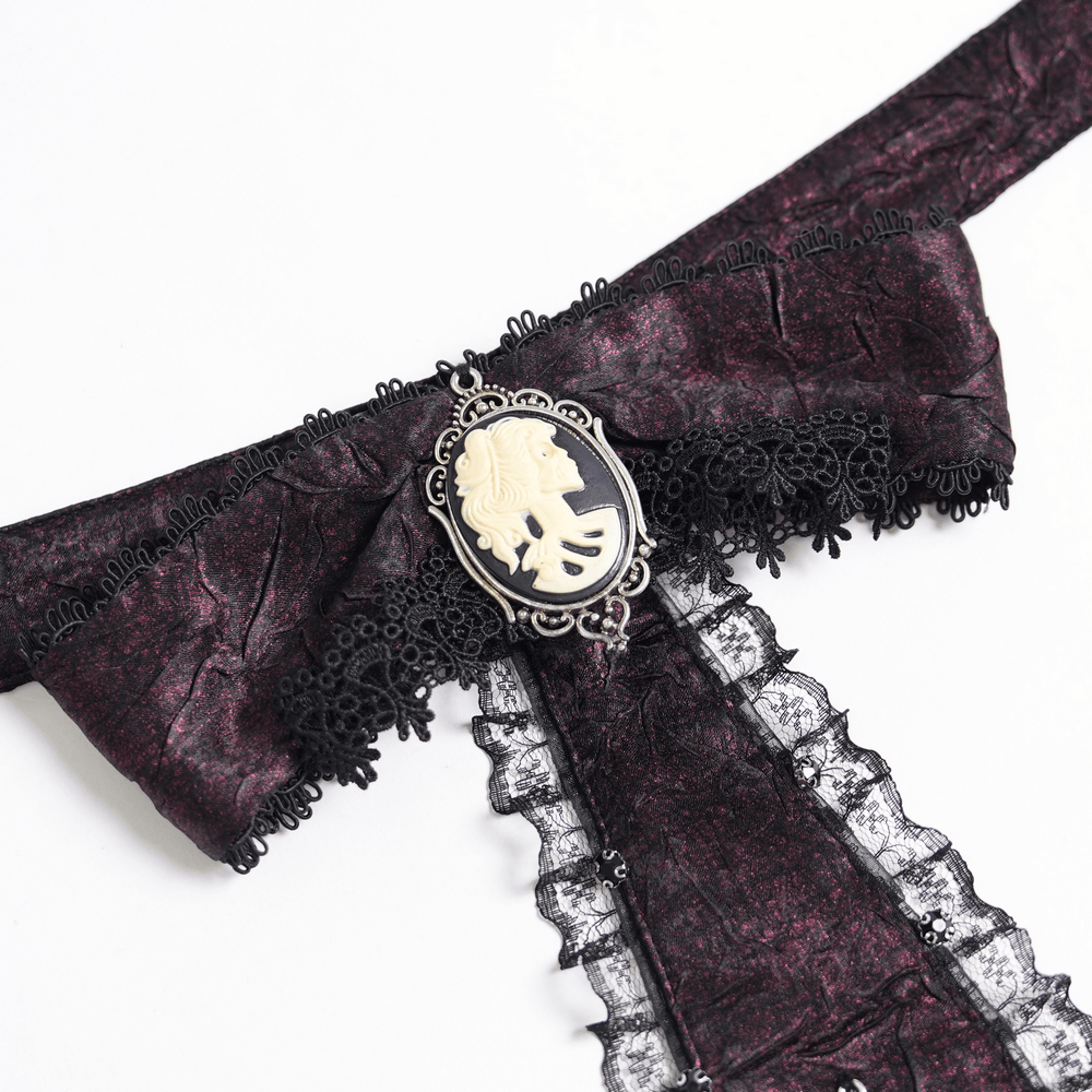Victorian Gothic Burgundy Blouse with Cameo Brooch, dark romantic blouse with lace, bow, and antique cameo detail