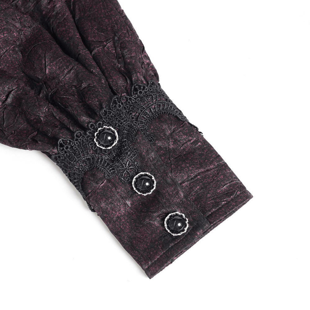Victorian Gothic Burgundy Blouse with Cameo Brooch, dramatic bishop sleeve cuff with ornate lace and buttons