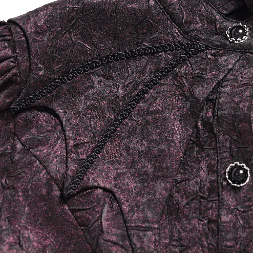 Victorian Gothic Burgundy Blouse with Cameo Brooch, textured dark romantic top with ornate trim and decorative buttons