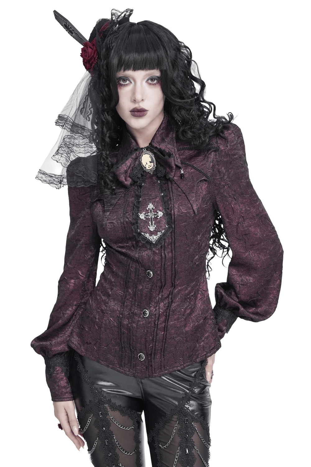 Victorian Gothic Burgundy Blouse with Cameo Brooch, dark romantic blouse with bishop sleeves and antique cameo detail