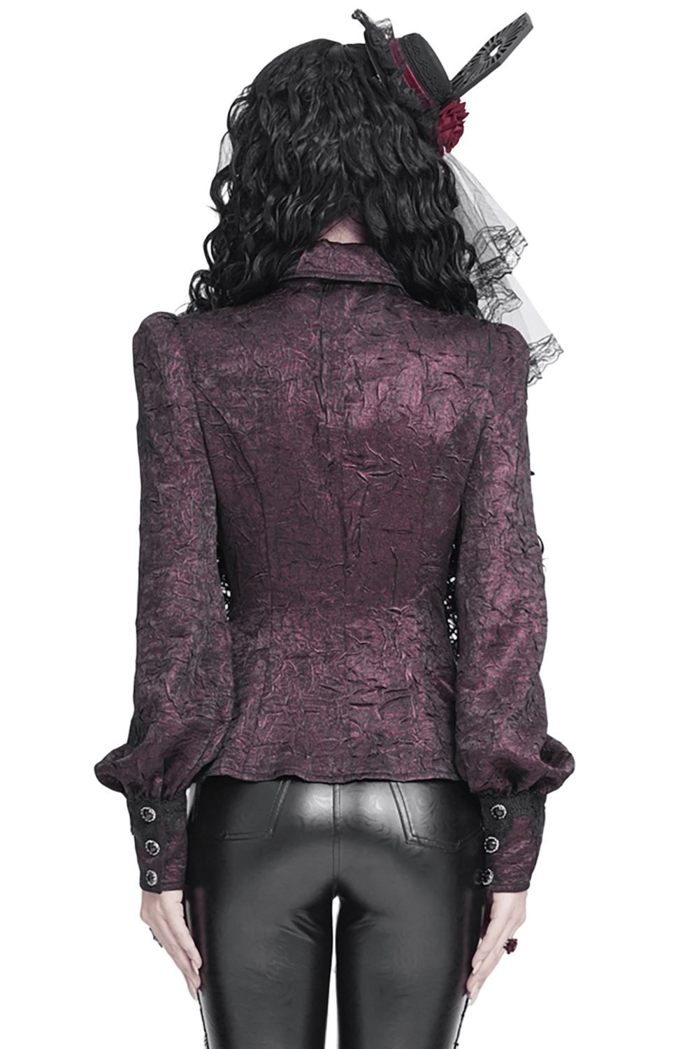 Victorian Gothic Burgundy Blouse with Cameo Brooch, textured burgundy back view with bishop sleeves and romantic gothic flair