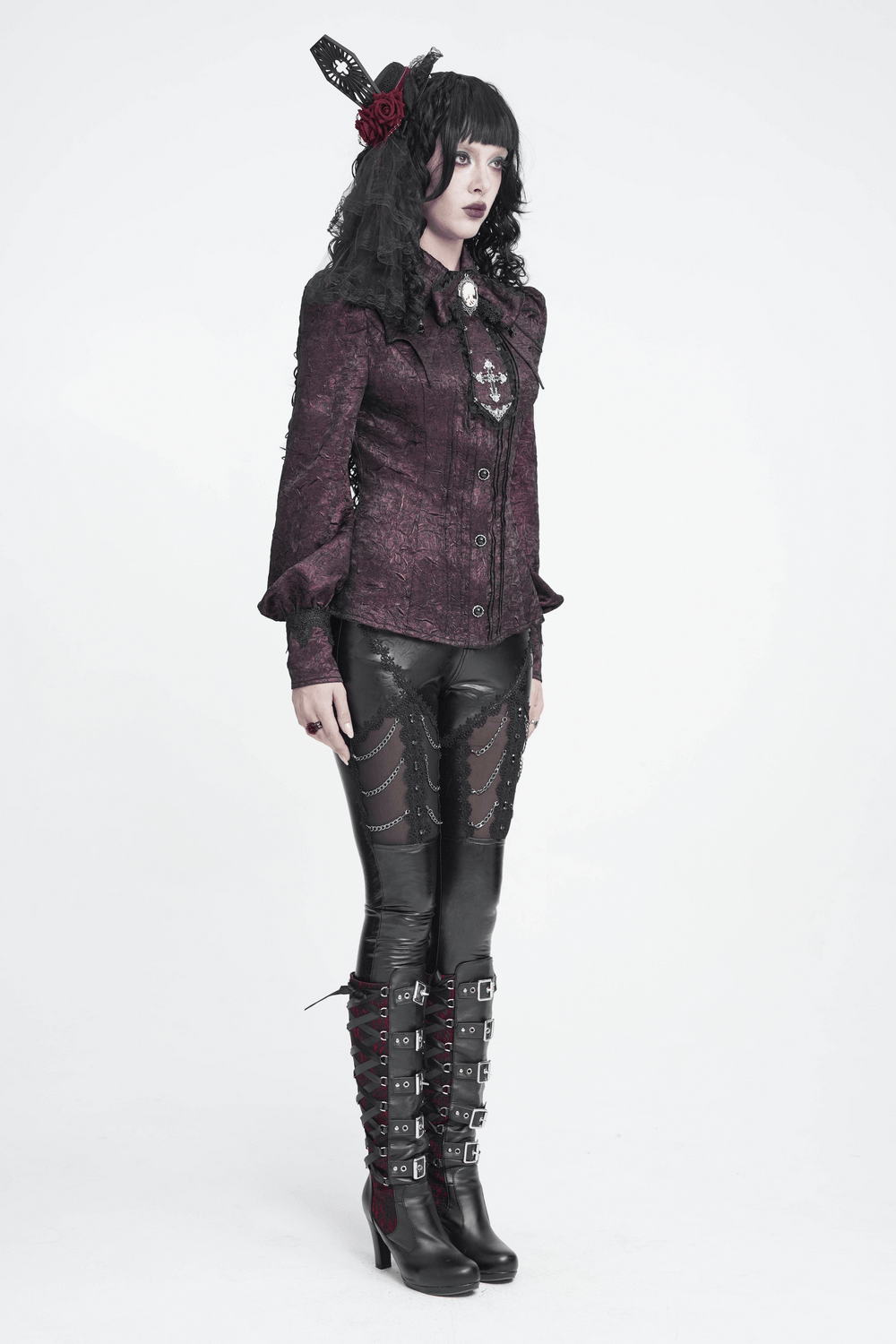 Victorian Gothic Burgundy Blouse with Cameo Brooch, dark romantic shirt with bishop sleeves and antique-inspired details