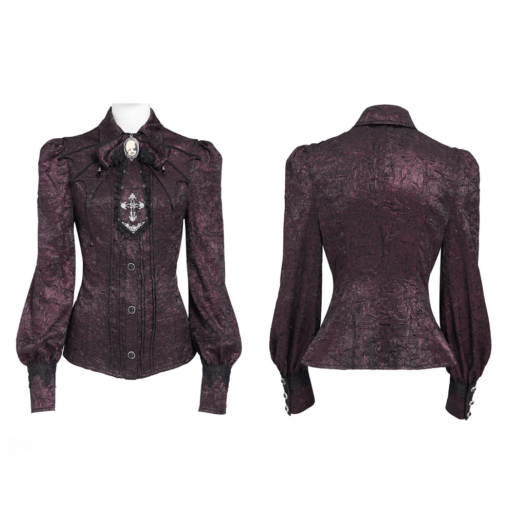 Victorian Gothic Burgundy Blouse with Cameo Brooch burgundy textured blouse with bishop sleeves, cross accent and decorative buttons