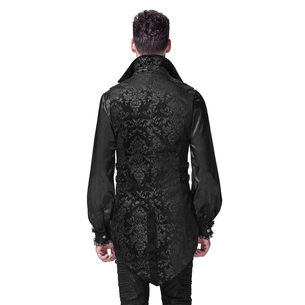 Back view of a Victorian Gothic waistcoat featuring dark ornate prints and luxurious velvet trim.