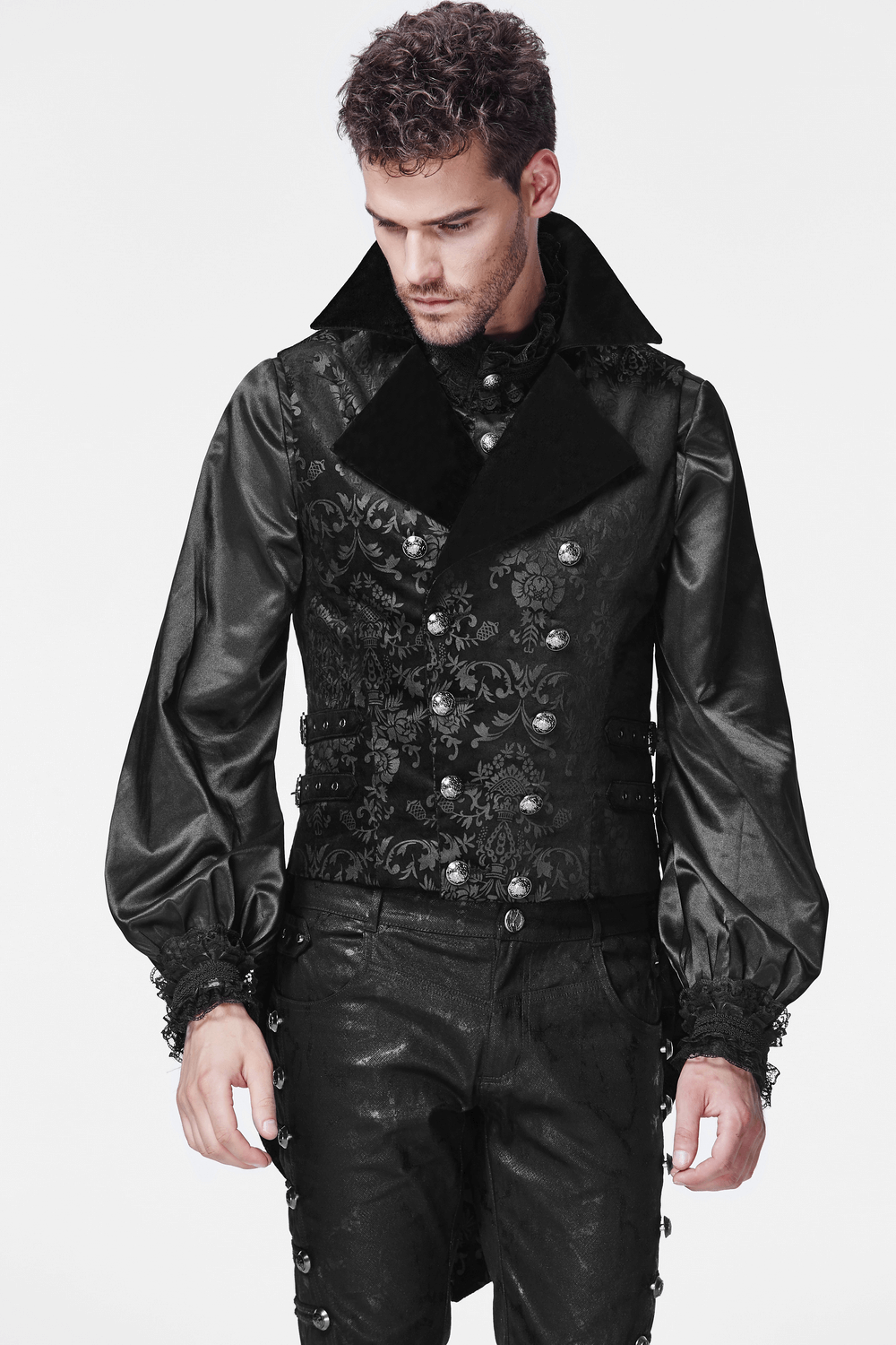 Black Victorian Gothic waistcoat with velvet trim and dark prints, exuding opulence and mystery for a stylish aesthetic.