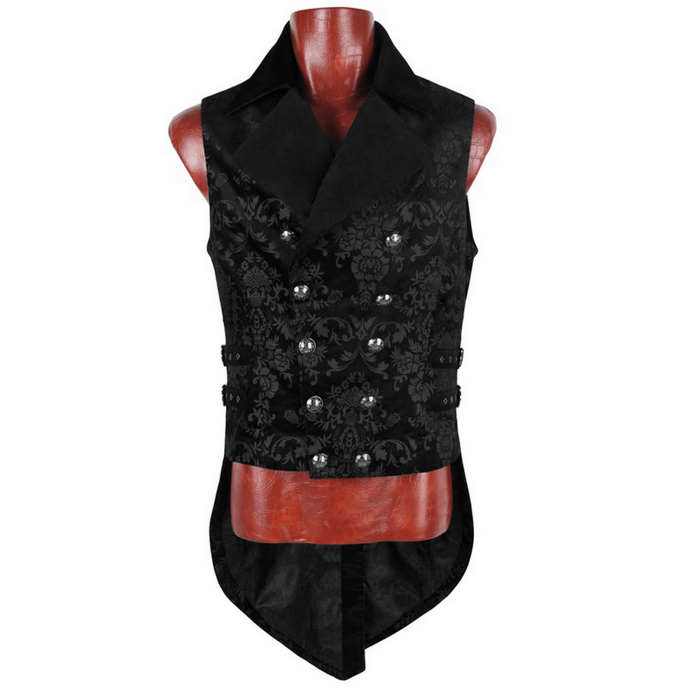 Victorian Gothic dark printing waistcoat with velvet trim and decorative buttons on mannequin.