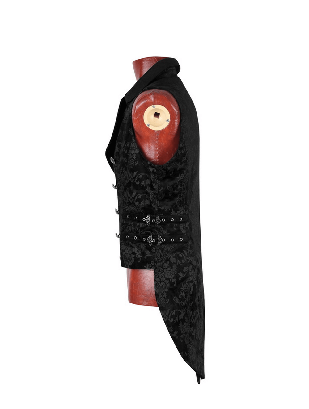 Victorian Gothic waistcoat with dark prints and velvet trim displayed on a mannequin, showcasing its elegant side profile.