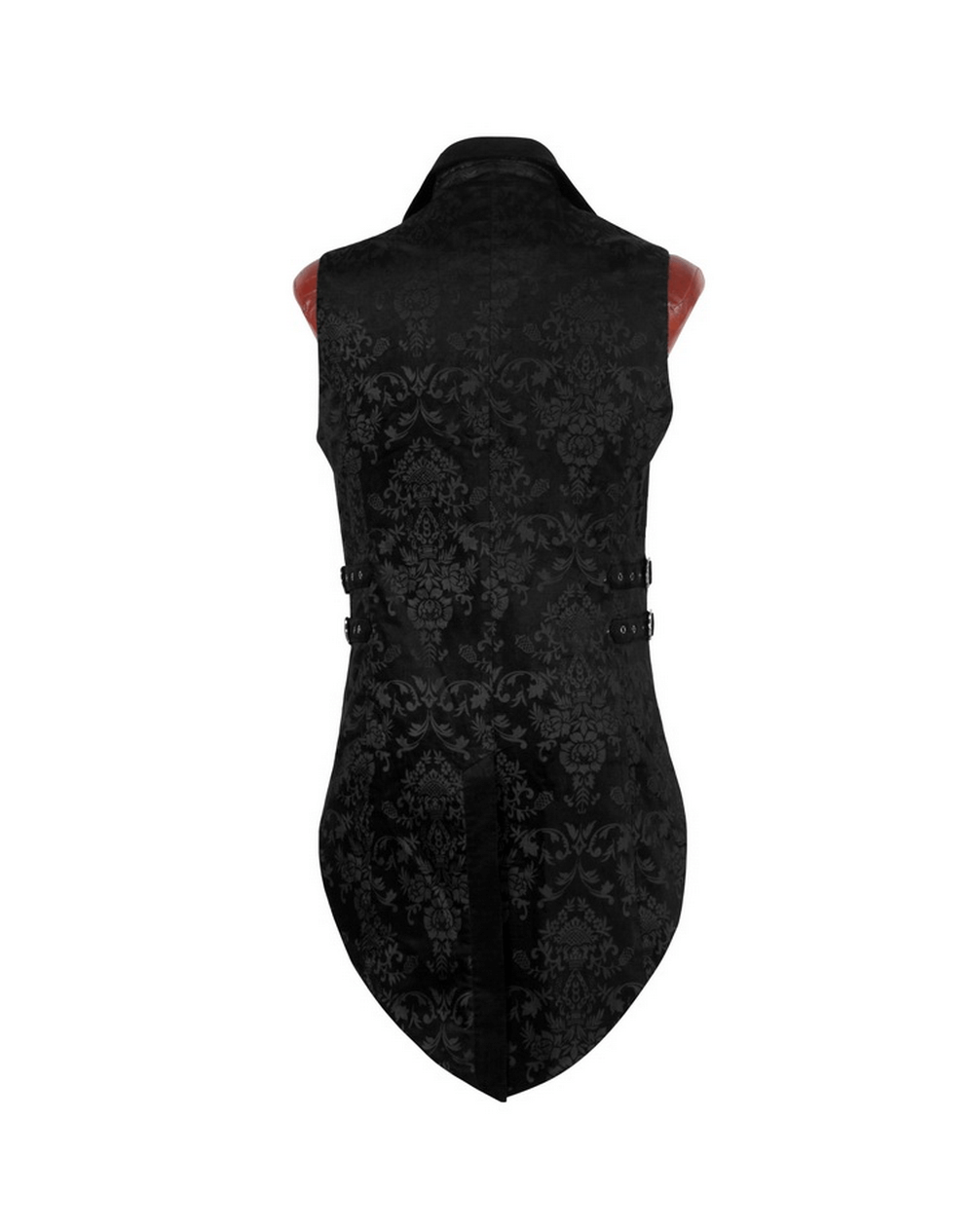 Victorian Gothic black waistcoat with dark printing and velvet trim, showcasing intricate design from the back.