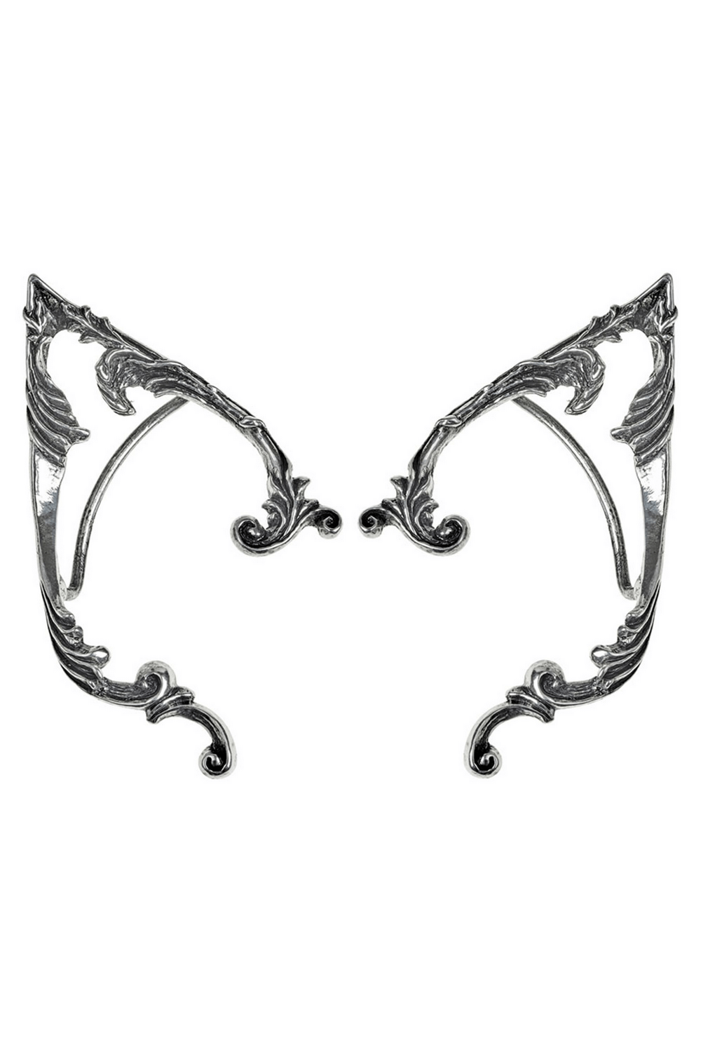 Intricate Victorian Gothic elf ear wraps with swirling flourishes, designed for a fantasy-inspired look.