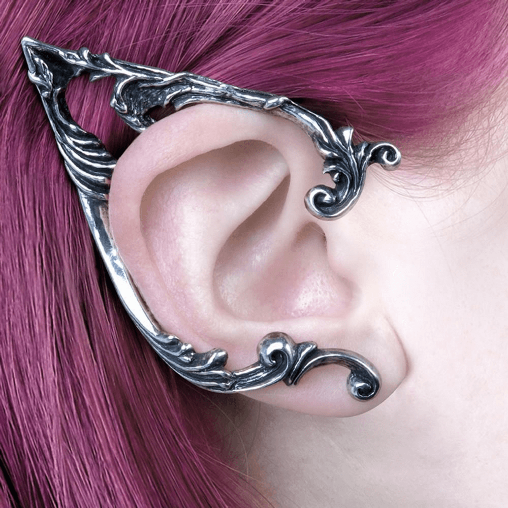 Victorian Gothic elf ear wrap with swirling flourishes on a model's ear, showcasing intricate design and fantasy elegance.