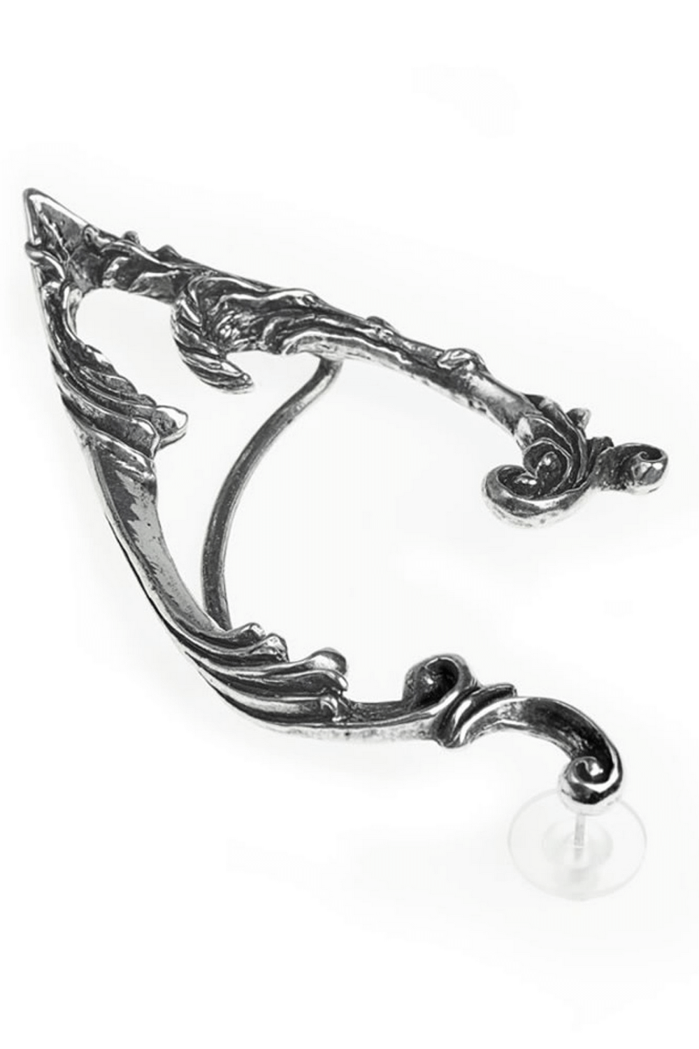 Victorian Gothic elf ear wrap with intricate swirling flourishes, perfect for fantasy lovers and cosplay.