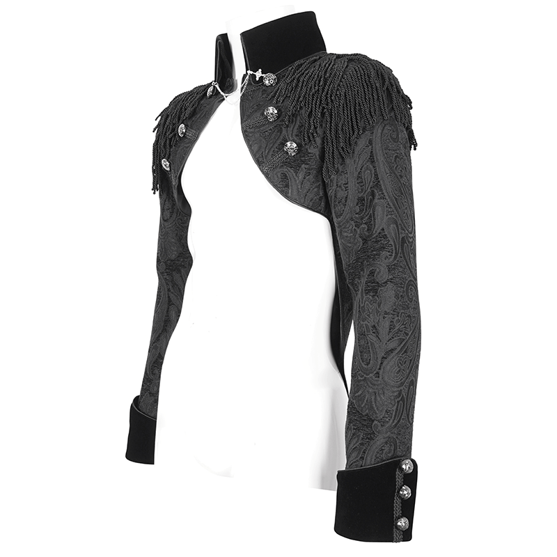 Victorian Gothic men's jacket featuring intricate embroidery and elegant tassels in deep black fabric.