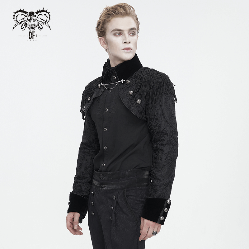 Victorian Gothic male jacket with intricate embroidery and tassels, embodying elegance and style.
