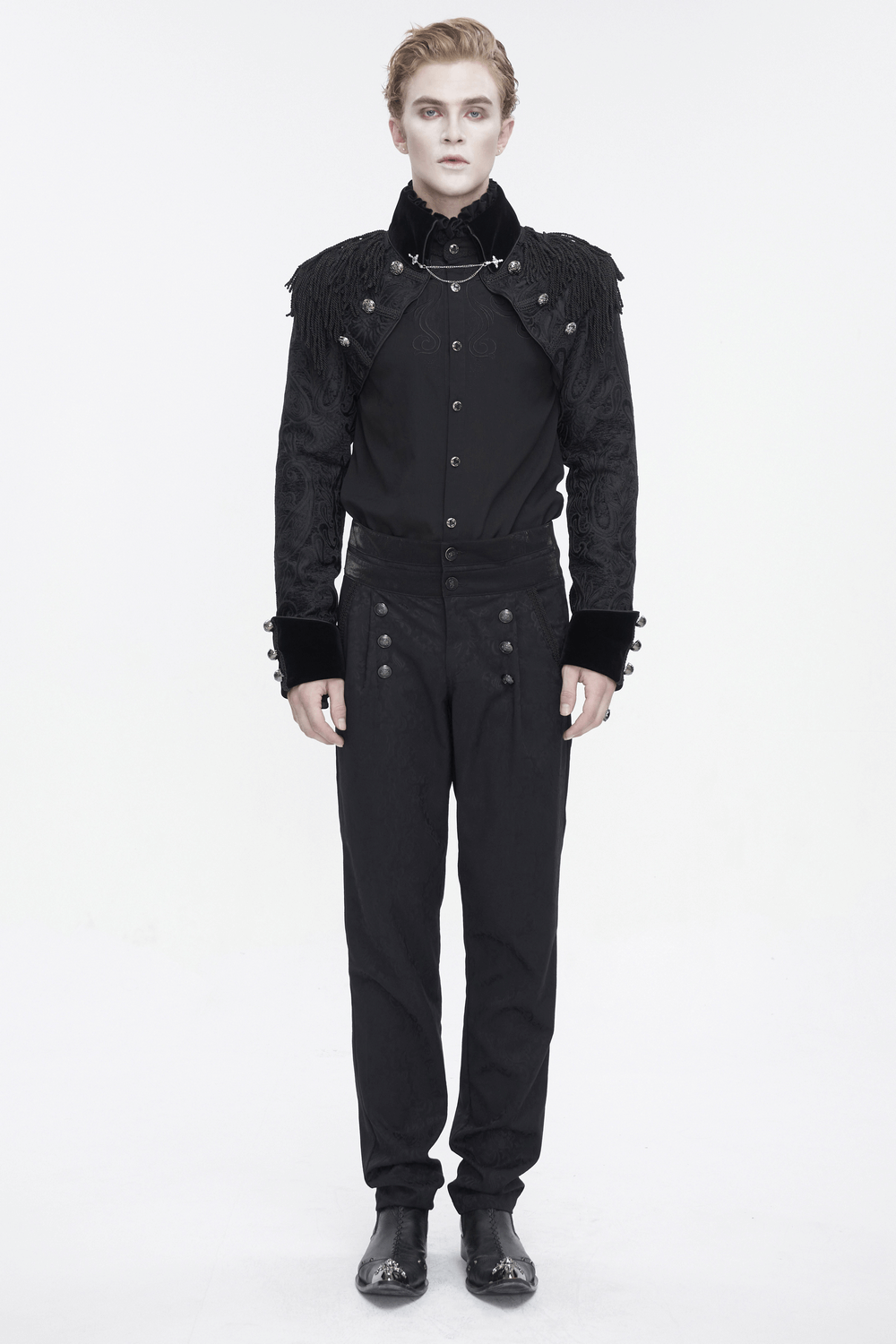 Victorian Gothic men's embroidered jacket with tassels, embodying elegance and mystery in dark fashion.