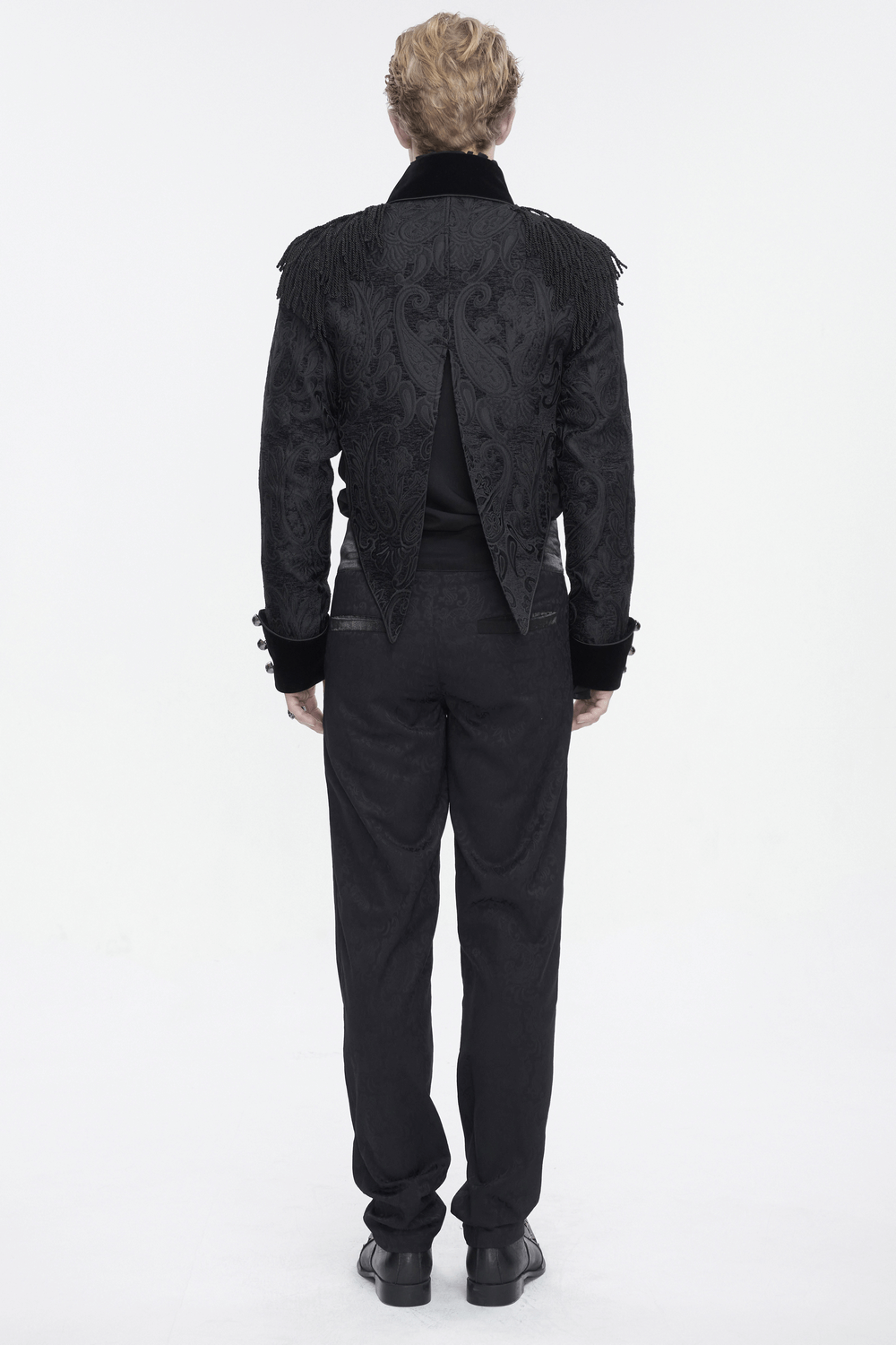 Back view of a Victorian Gothic male jacket with intricate embroidery and stylish tassels, paired with black trousers.