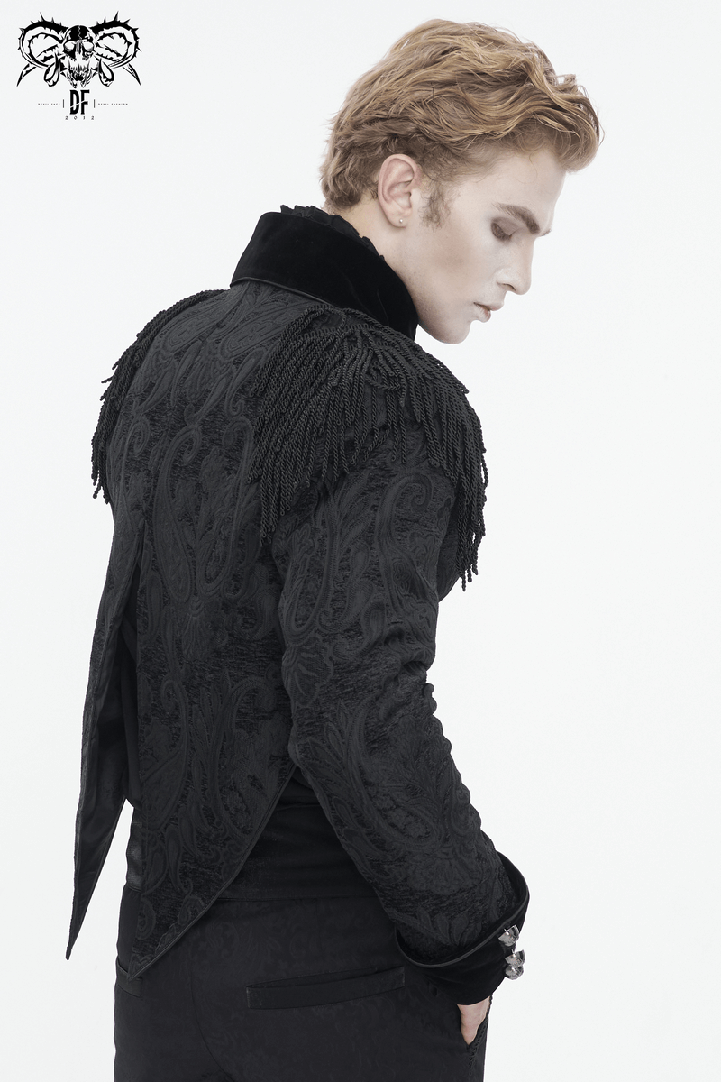 Victorian Gothic men's embroidered jacket with tassels, stylishly showcased from the back.
