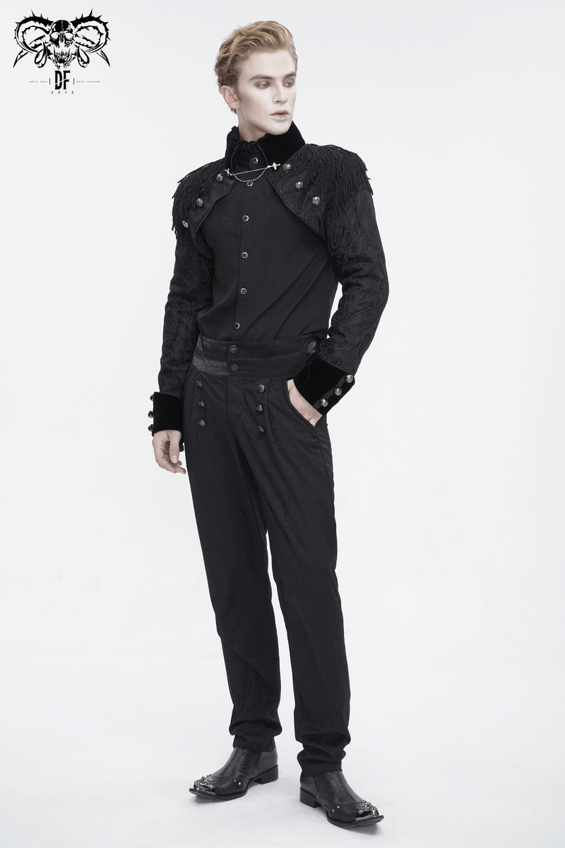 Victorian Gothic embroidered male jacket with tassels, showcasing intricate details and a modern twist.