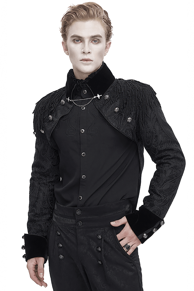 Victorian Gothic embroidered male jacket with tassels, showcasing intricate design and elegant detailing in a stylish pose.