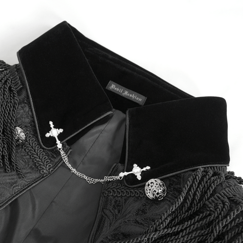 Close-up of Victorian Gothic embroidered male jacket collar with intricate detailing and silver accents.