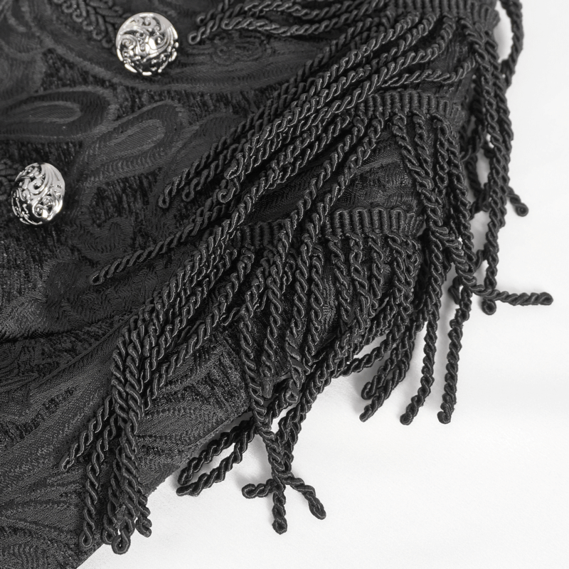 Close-up of Victorian Gothic jacket tassels and ornate buttons in black fabric, showcasing intricate details and elegance.