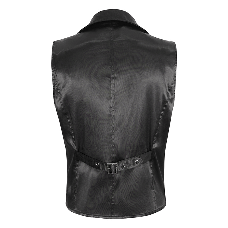 Back view of a sleek black Victorian Gothic embroidered waistcoat jacket for men.