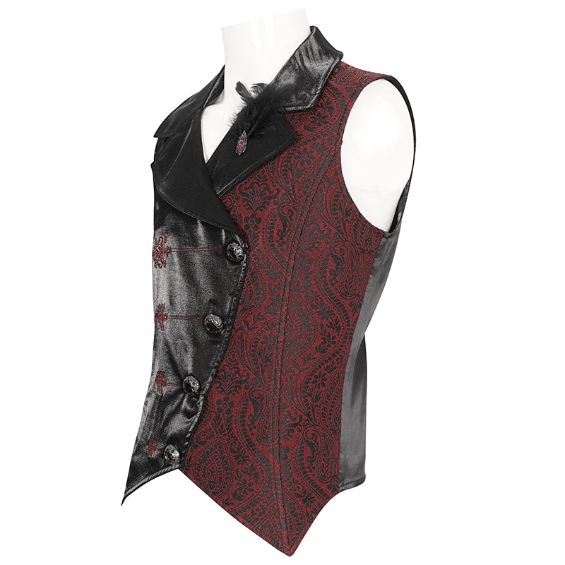 Victorian Gothic embroidered waistcoat jacket for men, showcasing intricate patterns and a stylish black and red design.