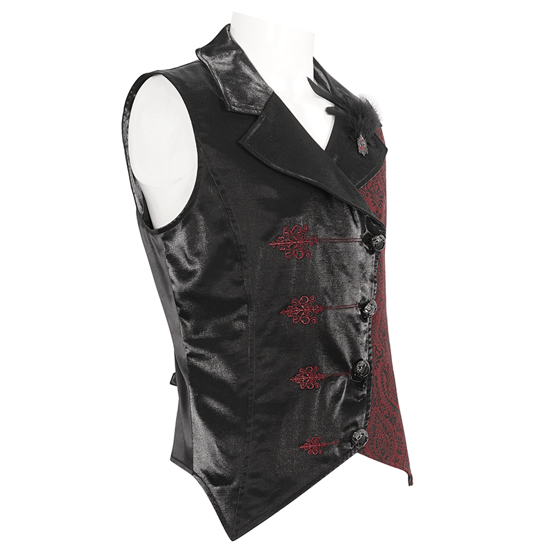 Victorian Gothic embroidered waistcoat jacket for men with intricate red designs and tailored fit.