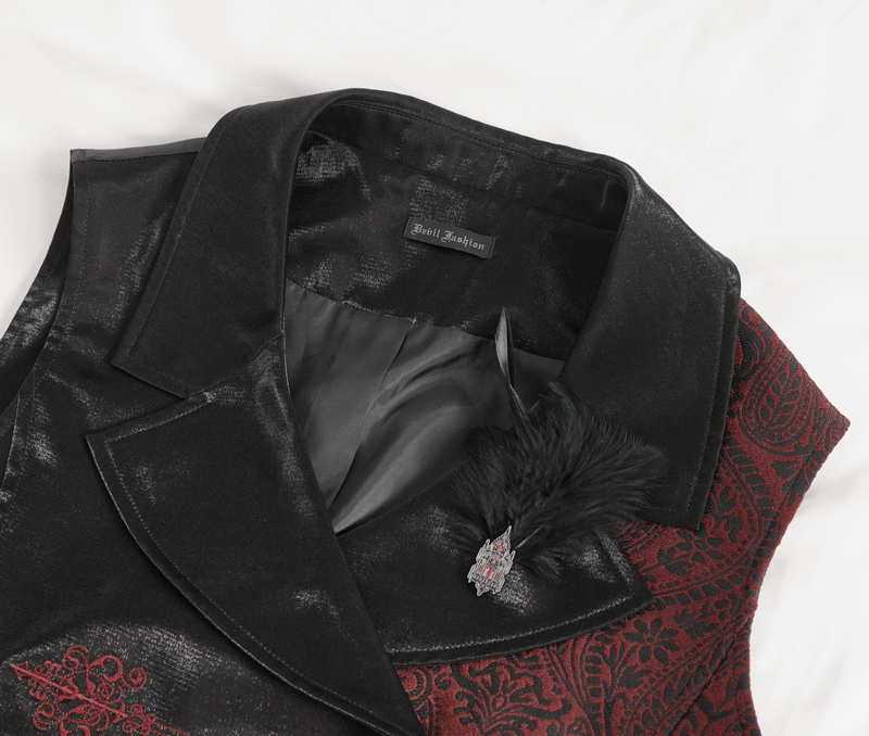 Victorian Gothic embroidered waistcoat jacket for men featuring intricate embroidery and a stylish feather accessory.