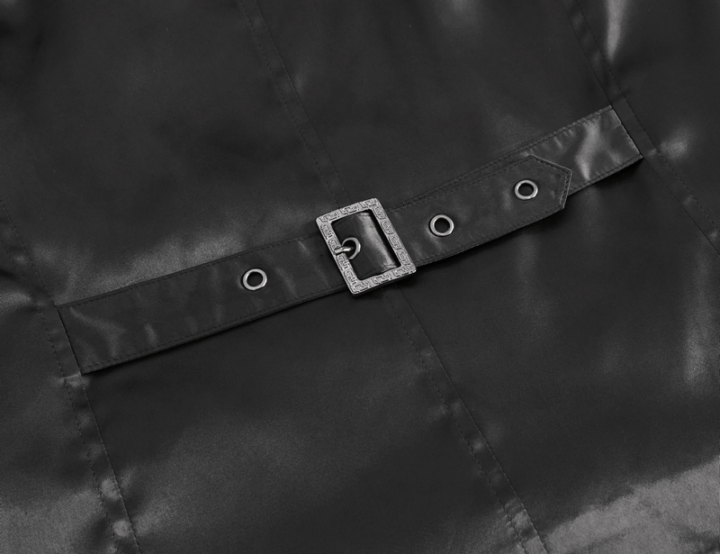 Close-up of a black waistcoat jacket showcasing an intricate buckle and stylish grommets for a gothic elegance.