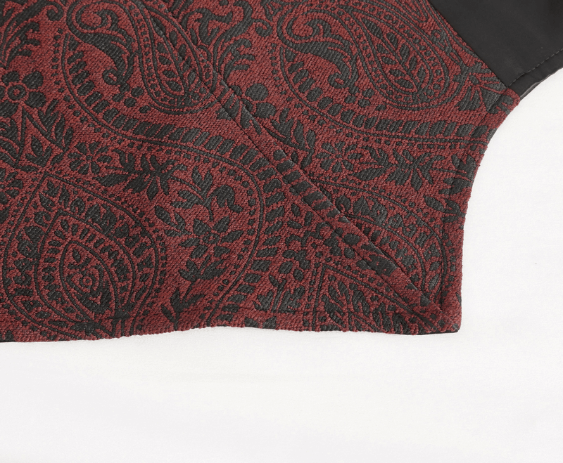 Close-up of intricate embroidery on a Victorian Gothic men's waistcoat jacket in rich burgundy and black.