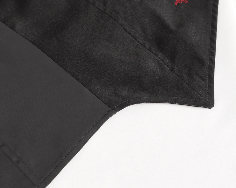 Close-up of the sleek black fabric inside the Victorian Gothic embroidered waistcoat jacket for men.