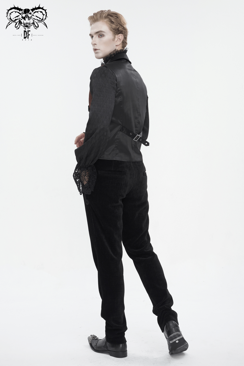 Back view of a man in a Victorian Gothic embroidered waistcoat jacket, showcasing gothic elegance and sophisticated style.