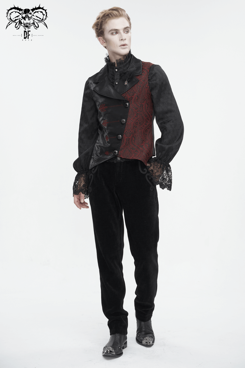 Men's Victorian Gothic embroidered waistcoat jacket with striking red and black design, perfect for a sophisticated gothic look.