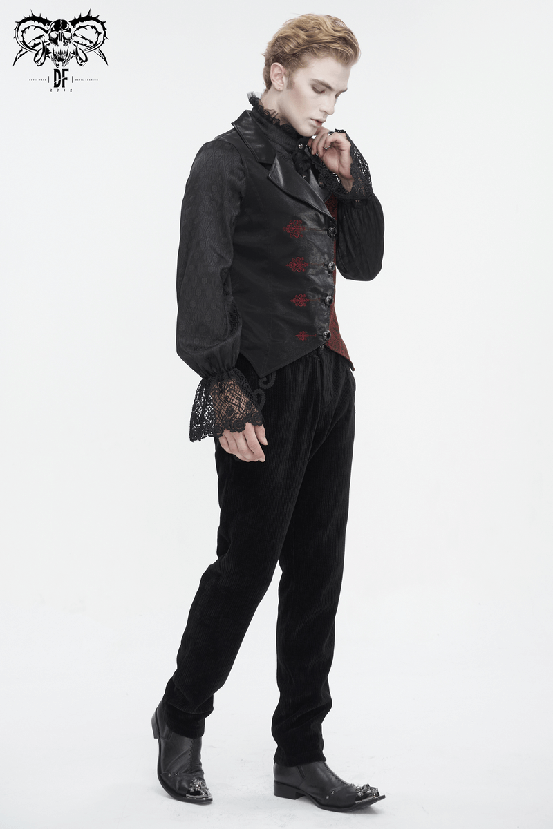 Men's Victorian Gothic waistcoat jacket with intricate embroidery, styled elegantly for a sophisticated look.