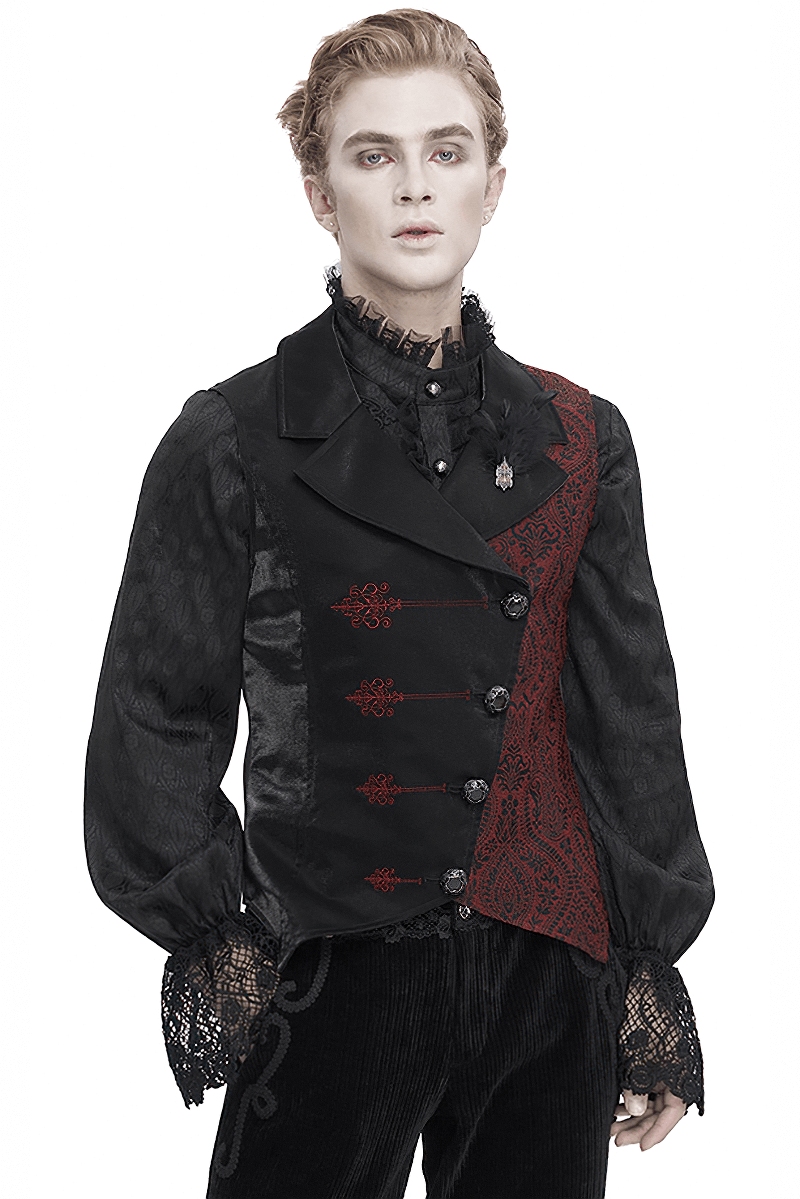 Victorian Gothic embroidered waistcoat jacket for men, showcasing intricate black and red design for gothic elegance.