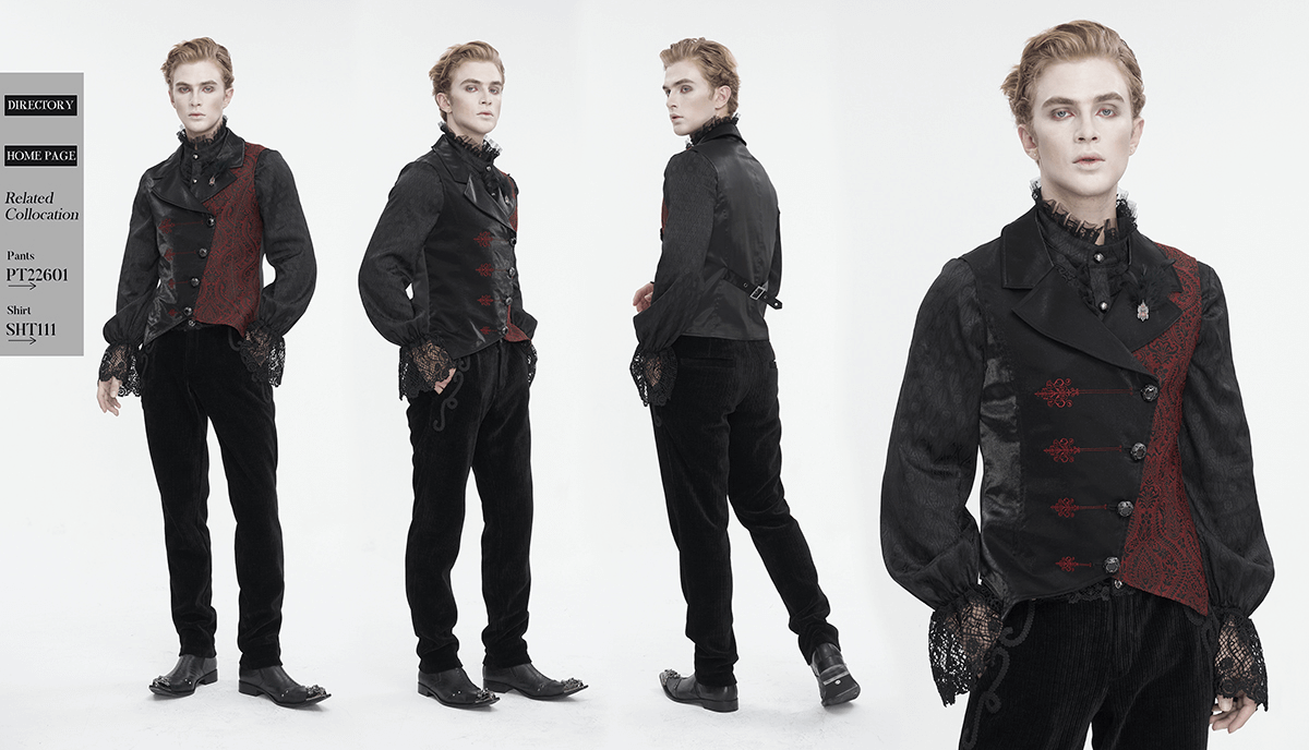 Victorian Gothic embroidered waistcoat jacket model showcasing elegance in various poses, perfect for gothic fashion enthusiasts.