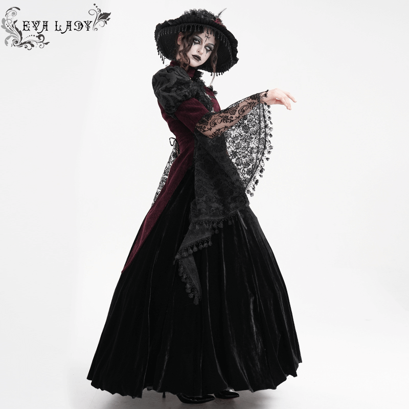 Elegant woman in Victorian Gothic dress with lace sleeves and dramatic hat, embodying gothic fashion and vintage charm.