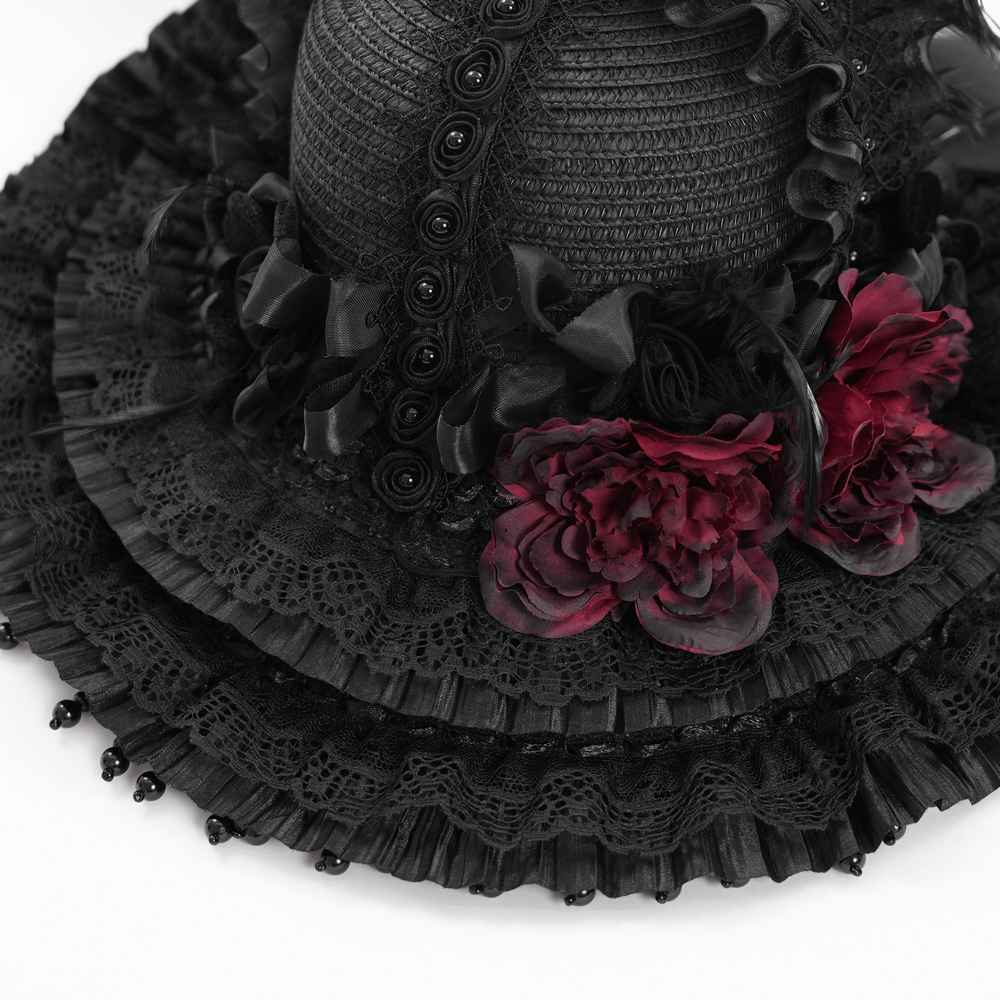 Vintage black Victorian Gothic hat with lace, beads, and red floral accents for costume parties and theatrical performances.